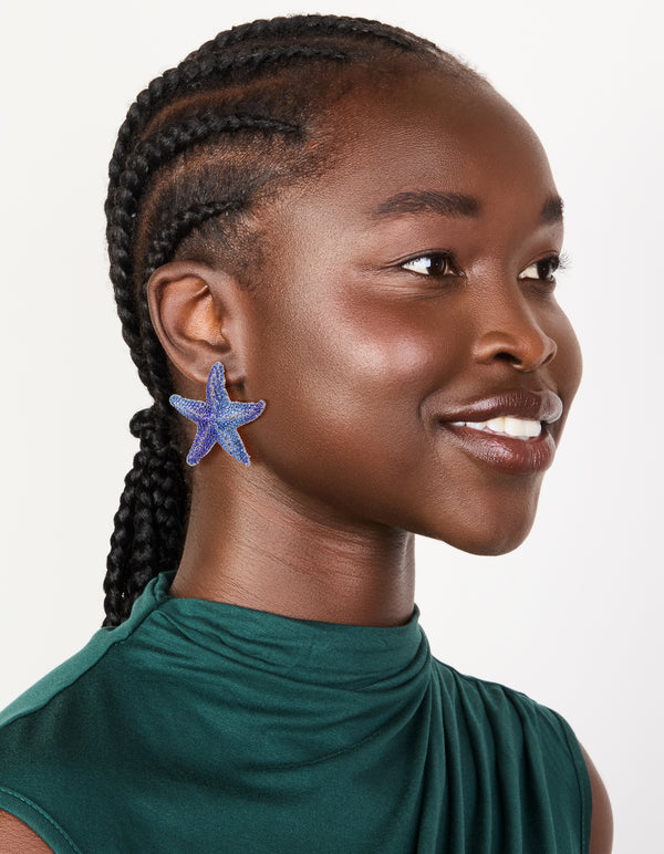 Blue Diamante Starfish Stud Earrings