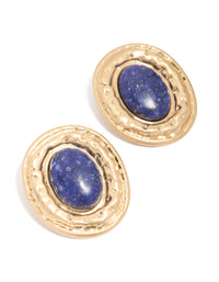 Showcasing worn gold round hammered dark blue acrylic stud earrings with statement style and stud closure front view - link has visual effect only