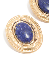 Designed with worn gold round hammered dark blue acrylic stud earrings featuring statement style close up view - link has visual effect only