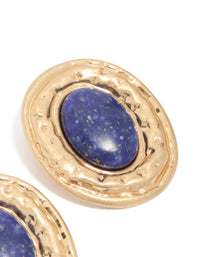Designed with worn gold round hammered dark blue acrylic stud earrings featuring statement style close up view - link has visual effect only