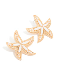 Gold White Acrylic Starfish Medallion Earrings - link has visual effect only
