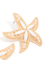 Gold White Acrylic Starfish Medallion Earrings - link has visual effect only