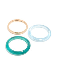 Showcasing a set of textured gold and resin bangles in a 3-pack with green and blue tones front view - link has visual effect only