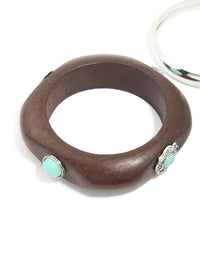 Wooden turquoise Stones Western & Silver Bangle 2-Pack - link has visual effect only