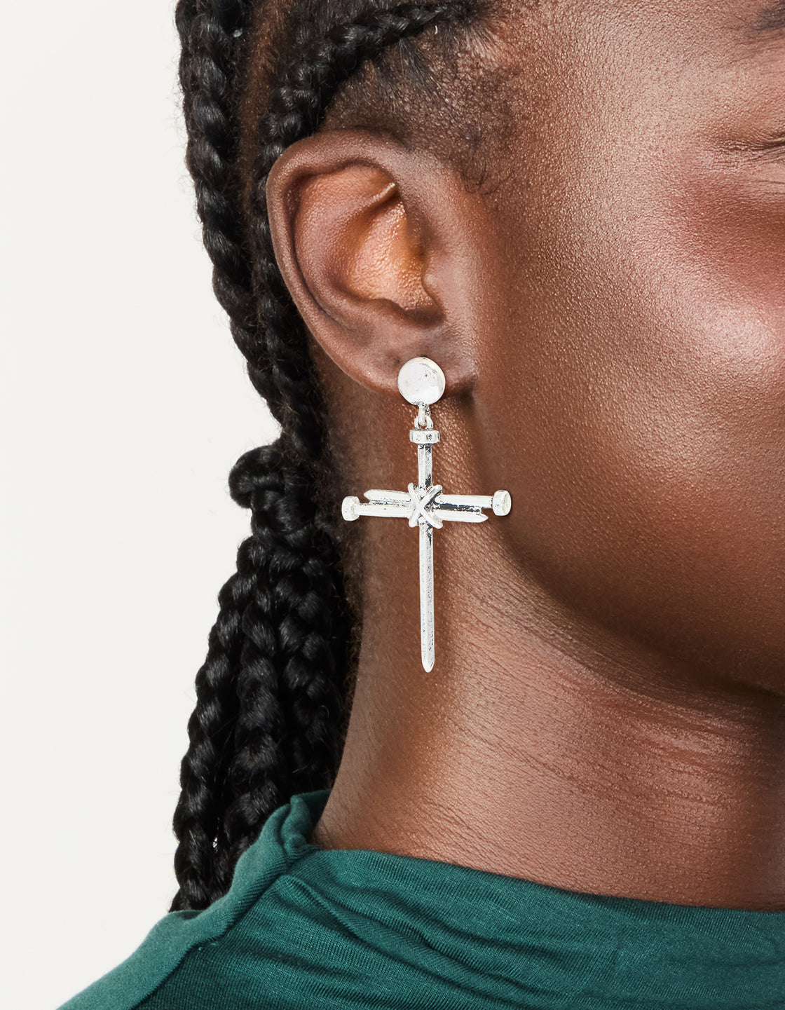 Antique Silver Cross Nail Drop Earrings