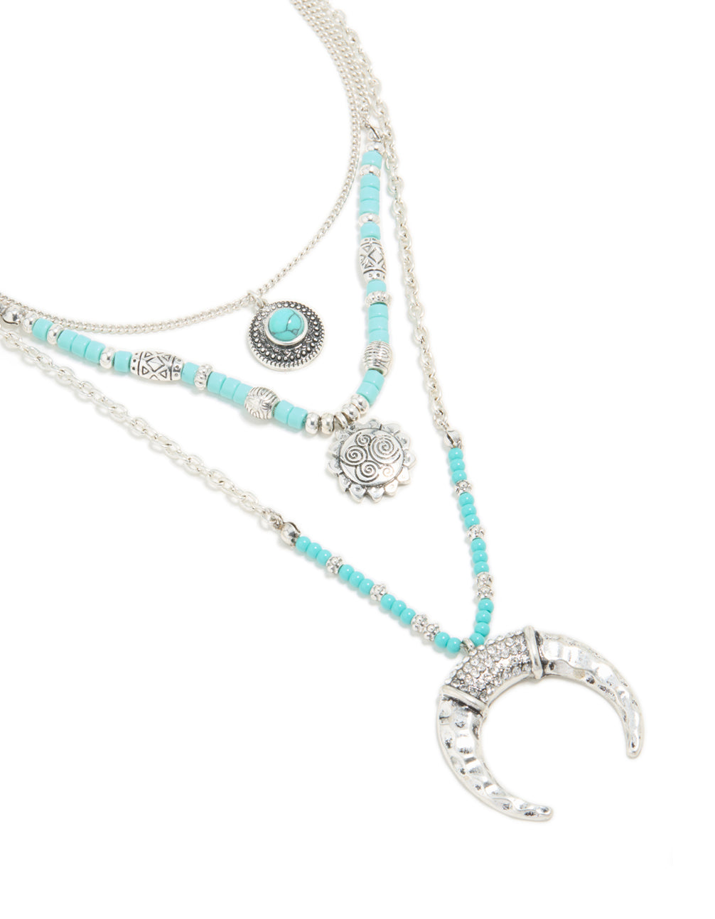 Antique Silver Turquoise Beaded Chain Pendant Layered Necklace
