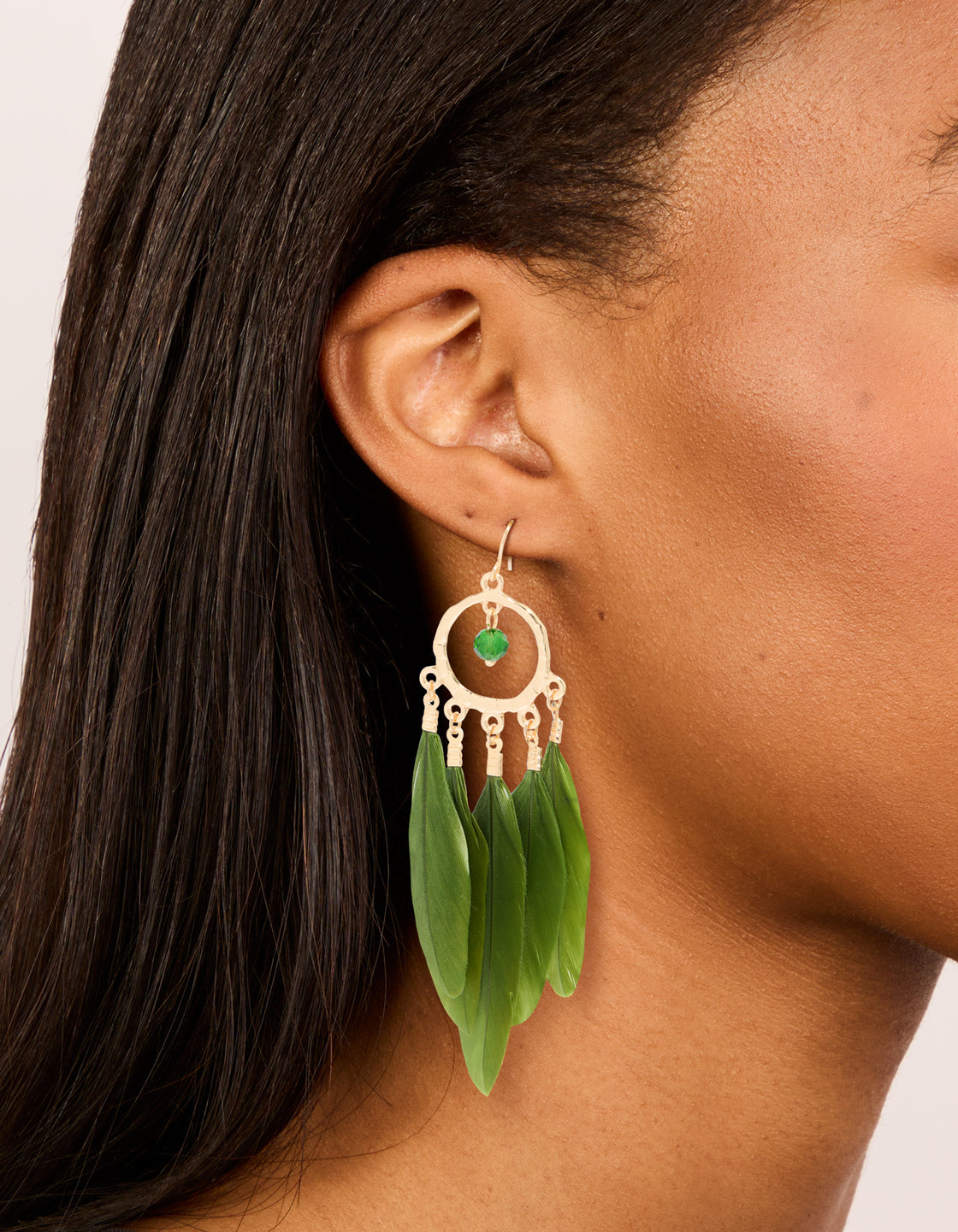 Gold Dreamcatcher & Dark Green Feather Earrings