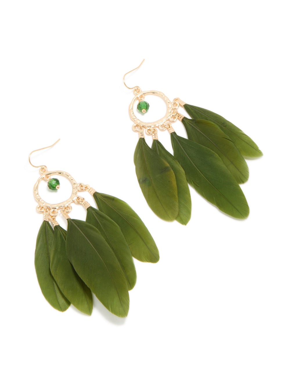 Gold Dreamcatcher & Dark Green Feather Earrings