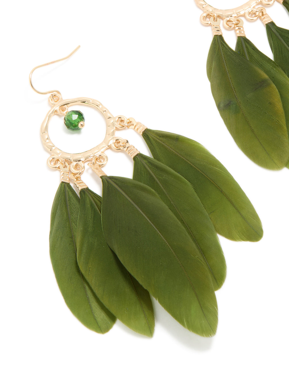 Gold Dreamcatcher & Dark Green Feather Earrings