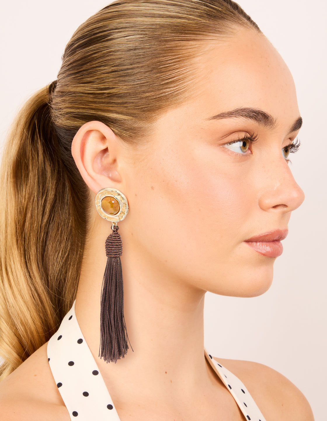 Gold Yellow Stone & Brown Knotted Tassel Drop Earrings