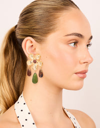 Gold Flower Brown & Green Beaded Statement Earrings - link has visual effect only