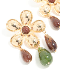 Gold Flower Brown & Green Beaded Statement Earrings - link has visual effect only