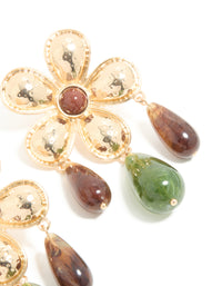 Gold Flower Brown & Green Beaded Statement Earrings - link has visual effect only