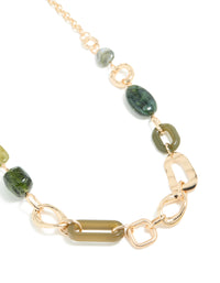 Gold Long Green Beaded & Link Necklace - link has visual effect only