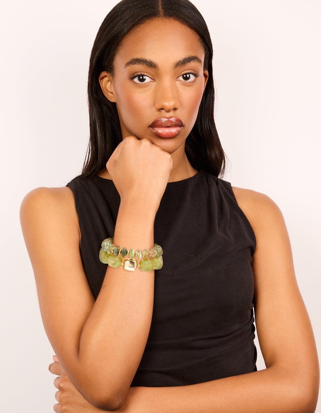 Gold Green Beaded Stretch Bracelets 2-Pack