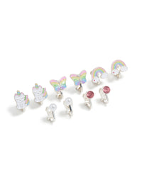 Kids Silver Rainbow Unicorn Cat Clip On Earrings 5-Pack - link has visual effect only