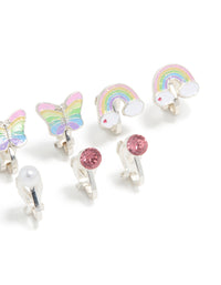 Kids Silver Rainbow Unicorn Cat Clip On Earrings 5-Pack - link has visual effect only