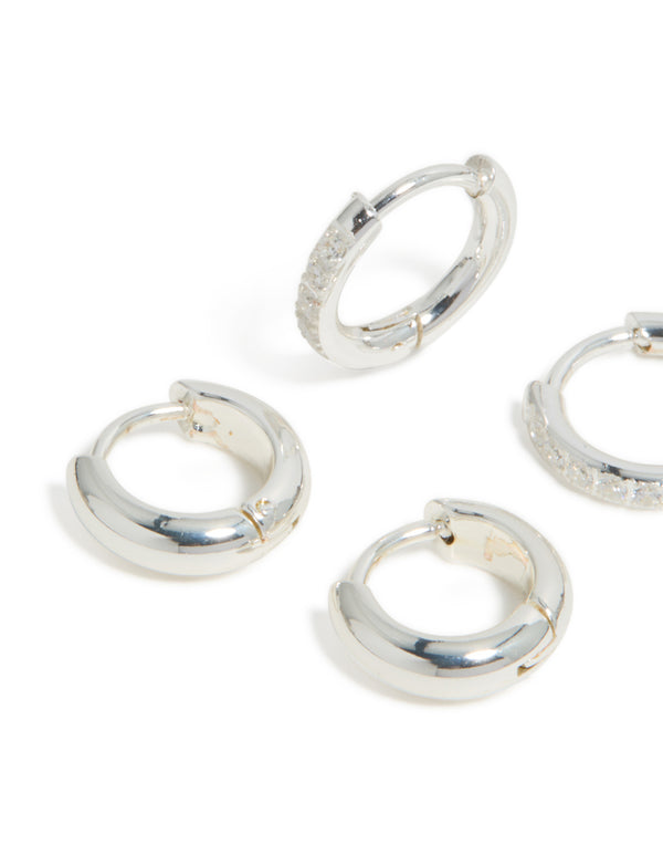 Waterproof Stainless Steel Pave & Plain Huggie Earrings 2-Pack