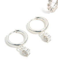Waterproof Stainless Steel Bezel Diamante & Plain Huggie Earrings 2-Pack - link has visual effect only