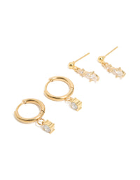 Waterproof Gold Plated Stainless Steel Cubic Zirconia  Huggie & Drop Earrings 2-Pack - link has visual effect only