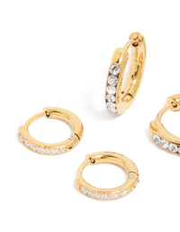 Waterproof Gold Plated Stainless Steel Pavé  & Plain Huggies Earrings 3-Pack - link has visual effect only