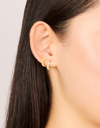Waterproof Gold Plated Stainless Steel  Cubic Zirconia Pavé & Plain Huggie Earrings 2-Pack - link has visual effect only
