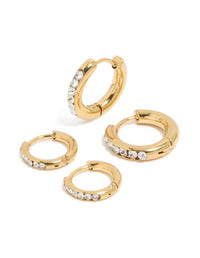 Waterproof Gold Plated Stainless Steel Cubic Zirconia Huggie Earrings 2-Pack - link has visual effect only
