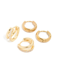 Waterproof Gold Plated Stainless Steel Chubby & Diamante Huggie Earrings 2-Pack - link has visual effect only