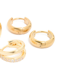 Waterproof Gold Plated Stainless Steel Chubby & Diamante Huggie Earrings 2-Pack - link has visual effect only