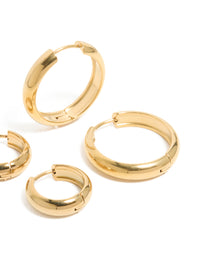 Highlighting these waterproof gold plated stainless steel thick, small and large hoop earrings in a 2-pack with chunky statement detail in a post detail view - link has visual effect only