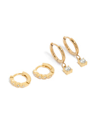 Waterproof Gold Plated Stainless Steel Bezel Diamante Huggie Earrings 2-Pack - link has visual effect only