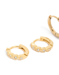 Waterproof Gold Plated Stainless Steel Bezel Diamante Huggie Earrings 2-Pack - link has visual effect only