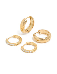 Waterproof Gold Plated Stainless Steel Cubic Zirconia Chubby Huggie Earrings 2-Pack - link has visual effect only