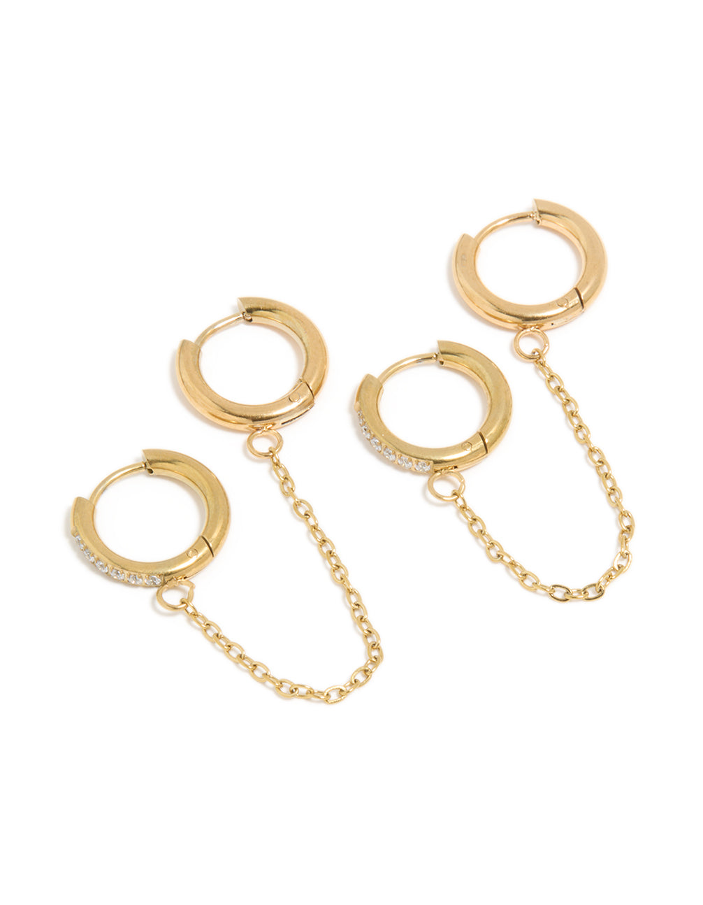 Featuring waterproof chain link huggie earrings in a 2-pack, made from gold plated stainless steel with cubic zirconia front view