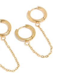Waterproof Gold Plated Stainless Steel Cubic Zirconia Chain Link Huggie Earrings 2-Pack - link has visual effect only