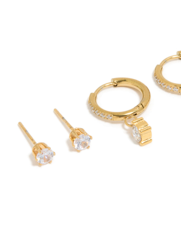 Waterproof Gold Plated Stainless Steel Cubic Zirconia Stud & Huggie  Earrings 3-Pack