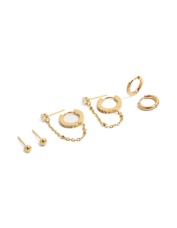 Waterproof Gold Plated Stainless Steel Studs & Chain Earrings 4-Pack