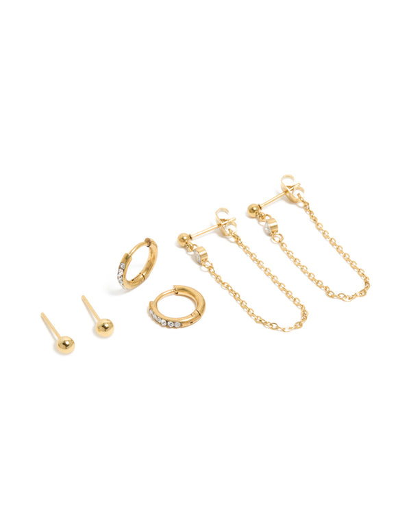 Waterproof Gold Plated Stainless Steel Bezel Stud & Chain Earrings 3-Pack