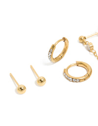 Waterproof Gold Plated Stainless Steel Bezel Stud & Chain Earrings 3-Pack - link has visual effect only