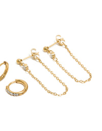 Waterproof Gold Plated Stainless Steel Bezel Stud & Chain Earrings 3-Pack - link has visual effect only