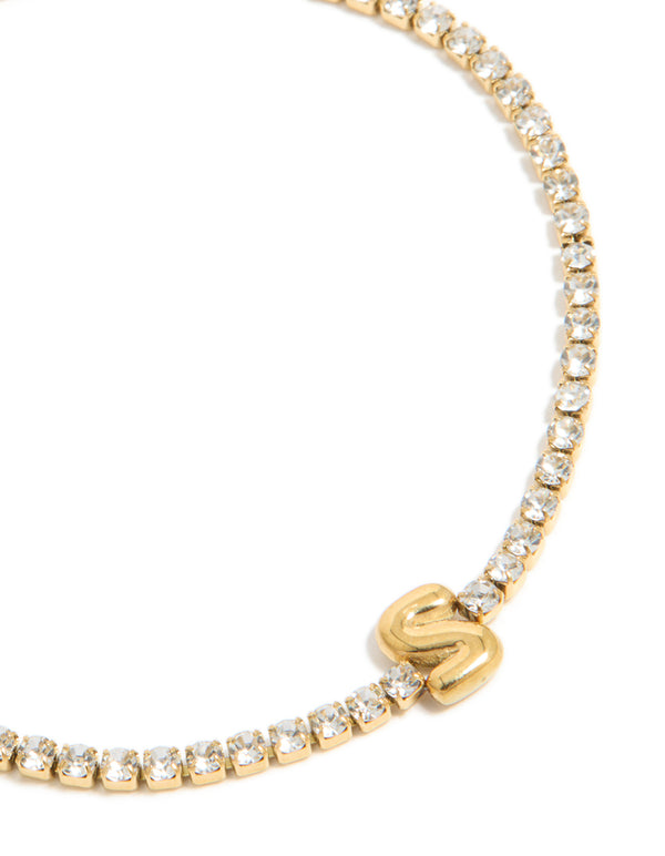 Waterproof Gold Plated Stainless Steel Cubic Zirconia Letter S Tennis Bracelet