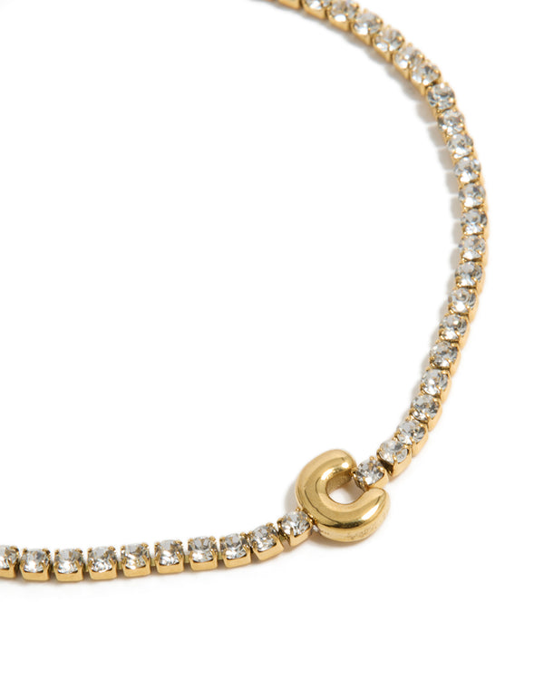Waterproof Gold Plated Stainless Steel Cubic Zirconia Letter C Tennis Bracelet