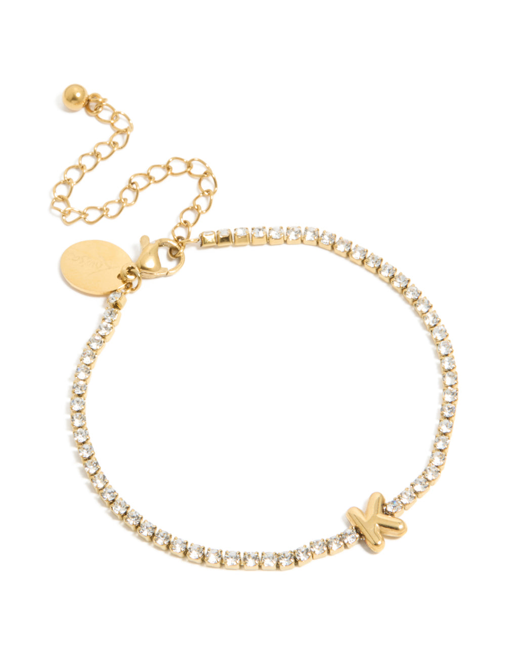 Elegant waterproof gold plated stainless steel letter K initial tennis bracelet in front view