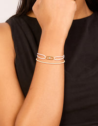 Waterproof Gold Plated Stainless Steel Cubic Zirconia Tennis & White Cord Bracelet Set - link has visual effect only