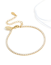 Waterproof Gold Plated Stainless Steel Cubic Zirconia Tennis & White Cord Bracelet Set - link has visual effect only