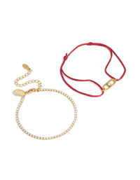 Waterproof Stainless Steel Cubic Zirconia Tennis & Red Cord Bracelet Set - link has visual effect only