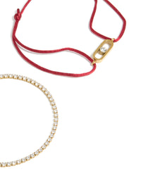 Waterproof Stainless Steel Cubic Zirconia Tennis & Red Cord Bracelet Set - link has visual effect only
