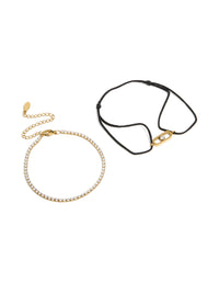 Waterproof Gold Plated Stainless Steel Cubic Zirconia & Black Cord Tennis Bracelet Set - link has visual effect only