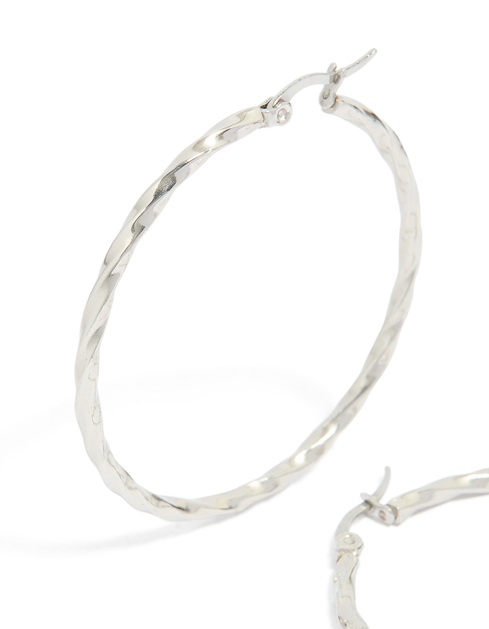 Designed with textured surgical steel hoop earrings in silver 40 MM close up view