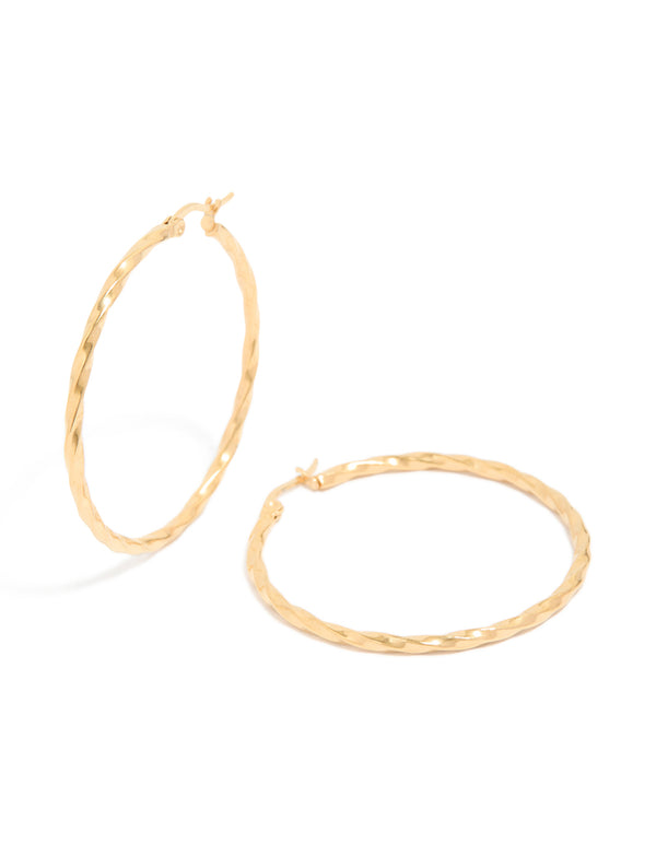 Showcasing gold plated surgical steel textured hoop earrings in 40 MM front view